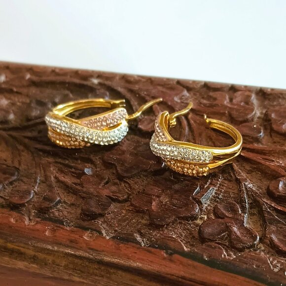 925 Pave Twisted Hoop Earrings Gold over Sterling Silver Pierced - Picture 11 of 13